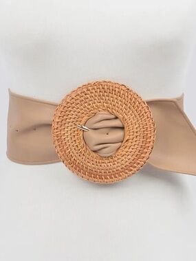Faux leather Wide Waist Belt with Woven Round Buckle